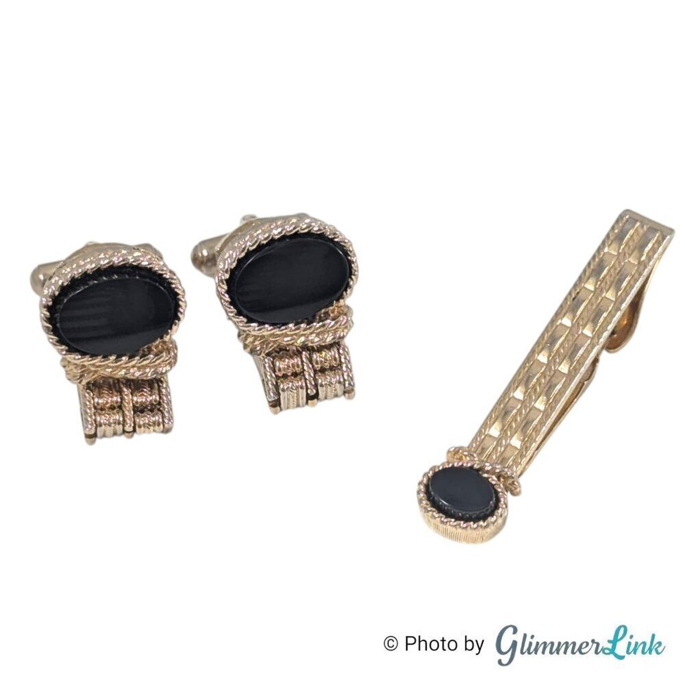 VTG Swank Black Oval Stone Rope Trim Wrap Around Gold Tone Cufflinks & Tie Bar